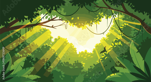 Tropical Jungle Rainforest Canopy with Sunlight Beams and Lush Green Foliage