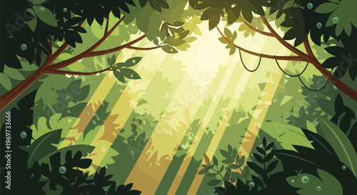 Lush Tropical Jungle Background with Sunbeams and Foliage
