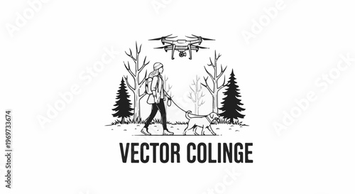 Person and dog walking in forest with drone overhead