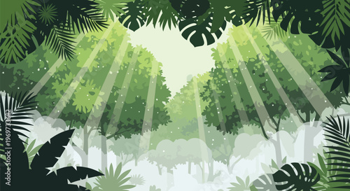 Tropical Rainforest Jungle Background with Sunbeams and Lush Green Foliage