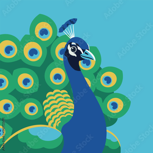 Vibrant peacock displaying its iridescent tail feathers, colorful bird with intricate patterns, exotic wildlife in lush green environment.