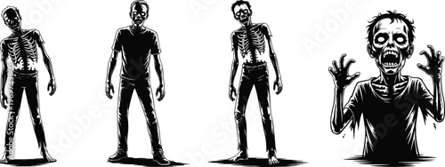 Creepy zombie silhouettes collection with decayed figures, skeletal details, and horror poses, dark Halloween vector illustration set for spooky, undead, scary, and horror-themed designs
