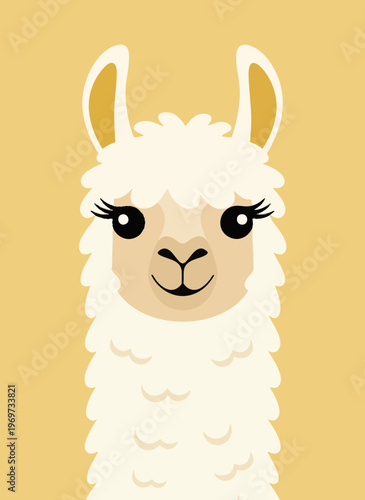 Happy llama face illustration with fluffy white wool, vector art, cute farm animal, yellow background, friendly expression.