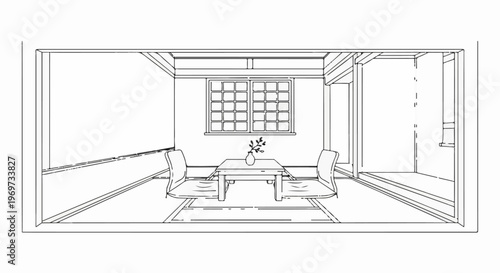 Minimalist room with table, chairs, window, and vase