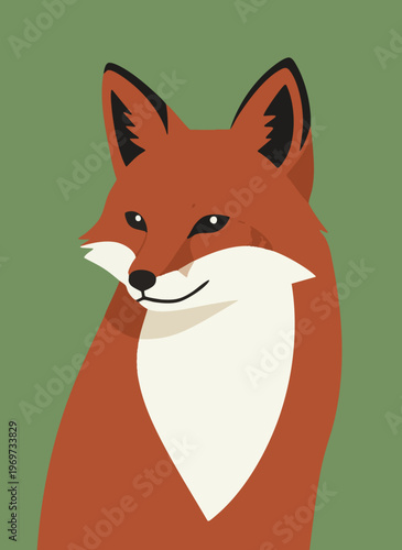 Cute red fox portrait illustration on green background, simple graphic art style, friendly wild animal, nature scene.