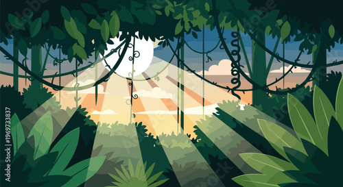 Tropical Jungle Rainforest Landscape with Sunlight Rays and Lush Green Vegetation