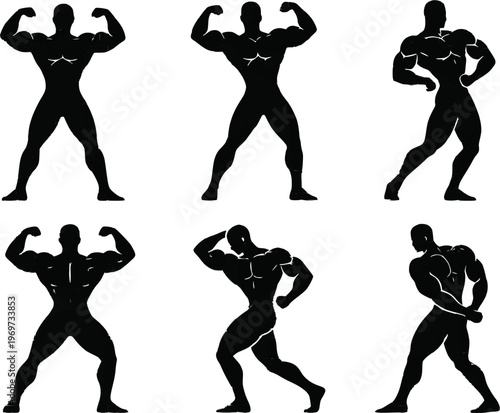 Bodybuilder with different poses silhouettes vector design 