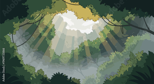 Sunlight rays streaming through jungle tree canopy in tropical forest