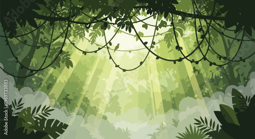 Tropical Jungle Rainforest Background with Sunbeams and Hanging Vines