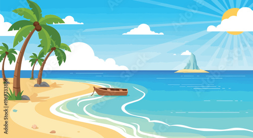 Tropical Beach Scene with Palm Trees and Wooden Boat at Sunny Seaside