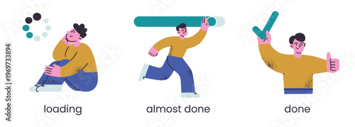 Loading progress bar scene set, flat cartoon man waiting and watching progress, almost done and completed states. Done character holding big checkmark, empty state vector illustration