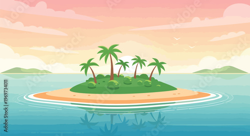 Tropical Island Paradise with Palm Trees at Sunset Vector Illustration