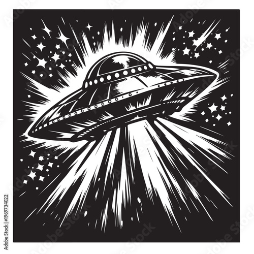 UFO Silhouette Vector, Flying Saucer with Abduction Beam, Black and White Sci Fi Illustration