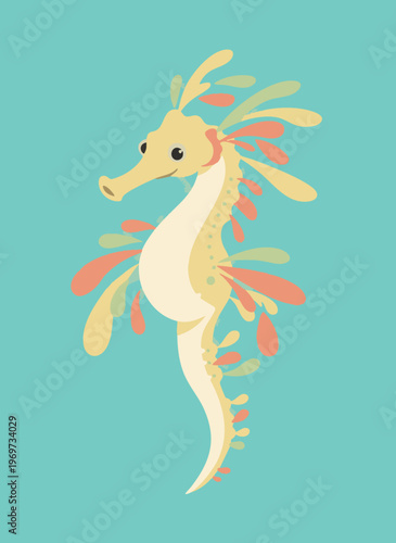 Delicate leafy seahorse illustration in soft pastel colors for marine life ocean underwater sea creature fantasy mythical aquatic fantasy.