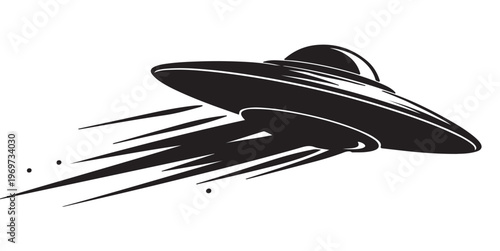 UFO Silhouette Vector, Flying Saucer with Abduction Beam, Black and White Sci Fi Illustration