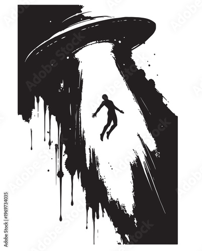 UFO Silhouette Vector, Flying Saucer with Abduction Beam, Black and White Sci Fi Illustration