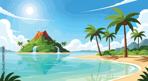 Tropical Island with Volcano and Waterfall Landscape Illustration