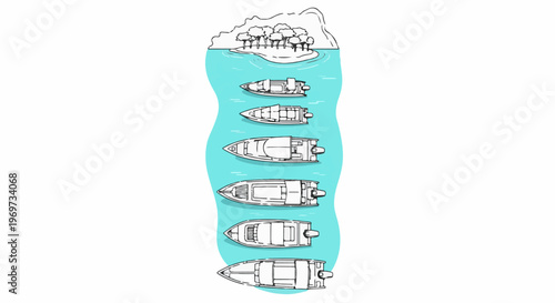 Six boats lined up on turquoise water near an island with trees