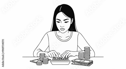 Person counting money with calculator and coins on table