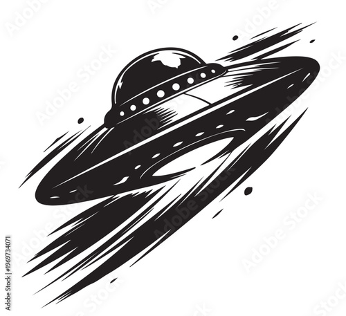 UFO Silhouette Vector, Flying Saucer with Abduction Beam, Black and White Sci Fi Illustration