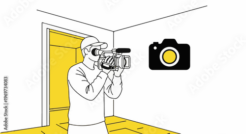 Person filming through a doorway with a camera, a camera icon on wall