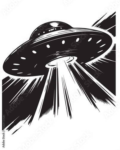 UFO Silhouette Vector, Flying Saucer with Abduction Beam, Black and White Sci Fi Illustration