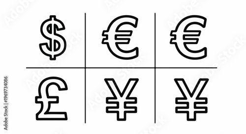Six distinct international currency symbols arranged in a 2x3 grid