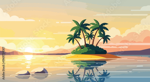 Tropical Island Paradise with Palm Trees at Sunset Vector Illustration