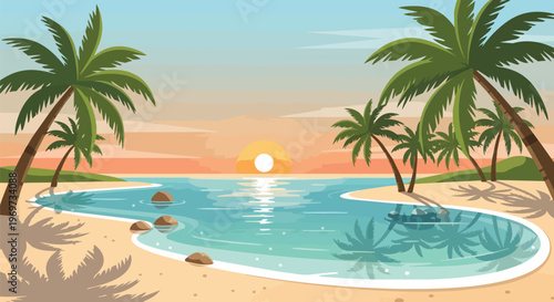 Tropical Beach Sunset with Palm Trees and Calm Ocean Lagoon Illustration