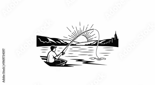 Person fishing from boat at sunrise with city skyline in background