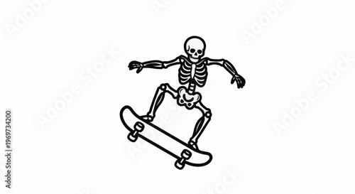 Skeleton rides a skateboard doing a trick