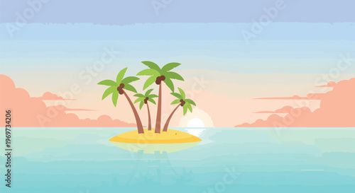 Tropical Island with Palm Trees at Sunset Vector Illustration