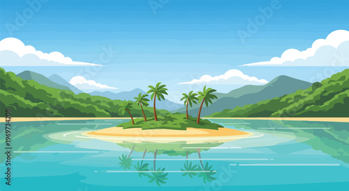Tropical Island Paradise with Palm Trees and Mountains in Ocean