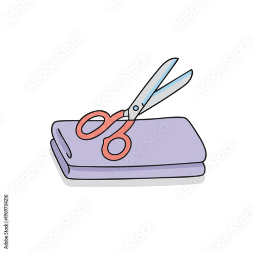 Pair of scissors on folded purple fabric, hand drawn illustration on white background.