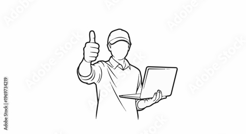 Person in cap holding laptop, giving thumbs up