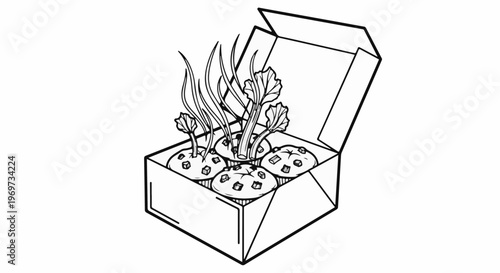 Sketch of a box filled with muffins topped with leafy greens