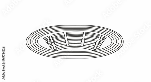 Elliptical arena with concentric oval track and tiered seating sections