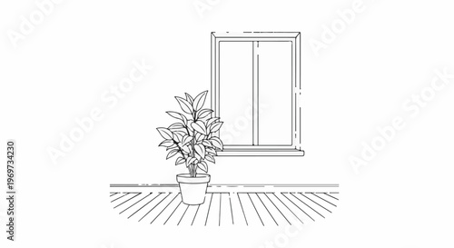 Potted plant sits on a wooden floor in front of a window