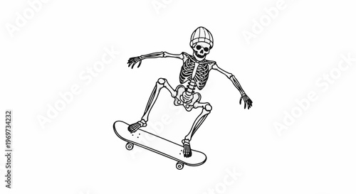 Skeleton wearing a beanie performs a skateboard trick with arms outstretched