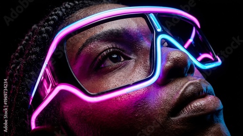 Wallpaper Mural Close-up profile of a person wearing futuristic LED glasses emitting pink and blue neon light against a dark background. Torontodigital.ca