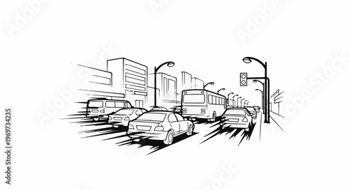 Sketch of a city street scene with vehicles and buildings