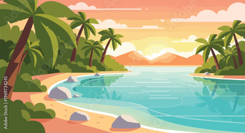 Tropical Beach Sunset Landscape Vector Illustration