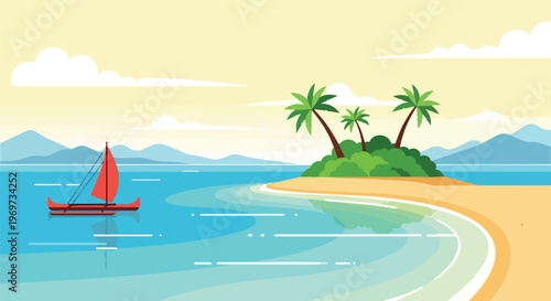 Tropical Island Beach Scene with Traditional Sailboat Vector Illustration