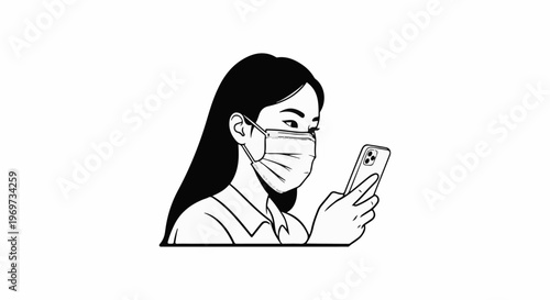 Person in mask looks at phone