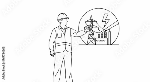 Engineer in safety vest and hard hat points to electrical grid and power plant diagram