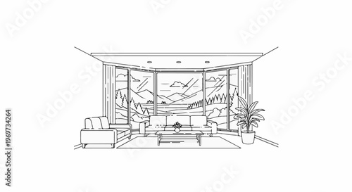 Sketch of a living room with a panoramic view of mountains, trees, and sky