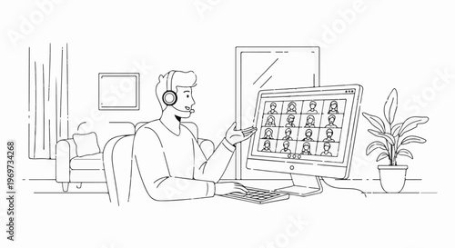 Person in headset on video call with multiple participants, seated at desk