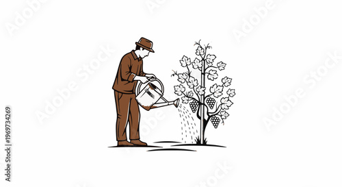 Person in hat watering grape vine with clusters of grapes