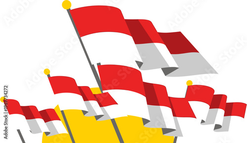 A collection of Indonesian flags waving in the wind against a yellow background, symbolizing national pride and celebration