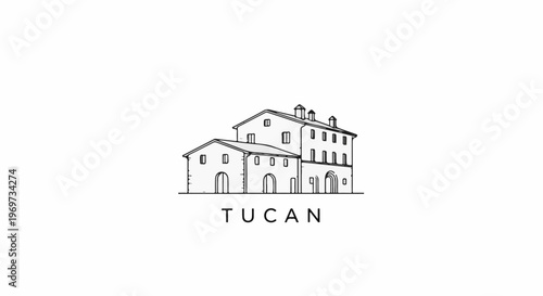 Sketch of a multi-story building with arched entrances and windows